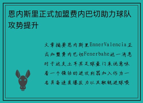 恩内斯里正式加盟费内巴切助力球队攻势提升