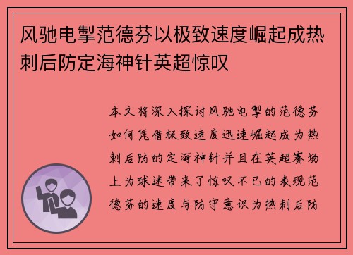 风驰电掣范德芬以极致速度崛起成热刺后防定海神针英超惊叹